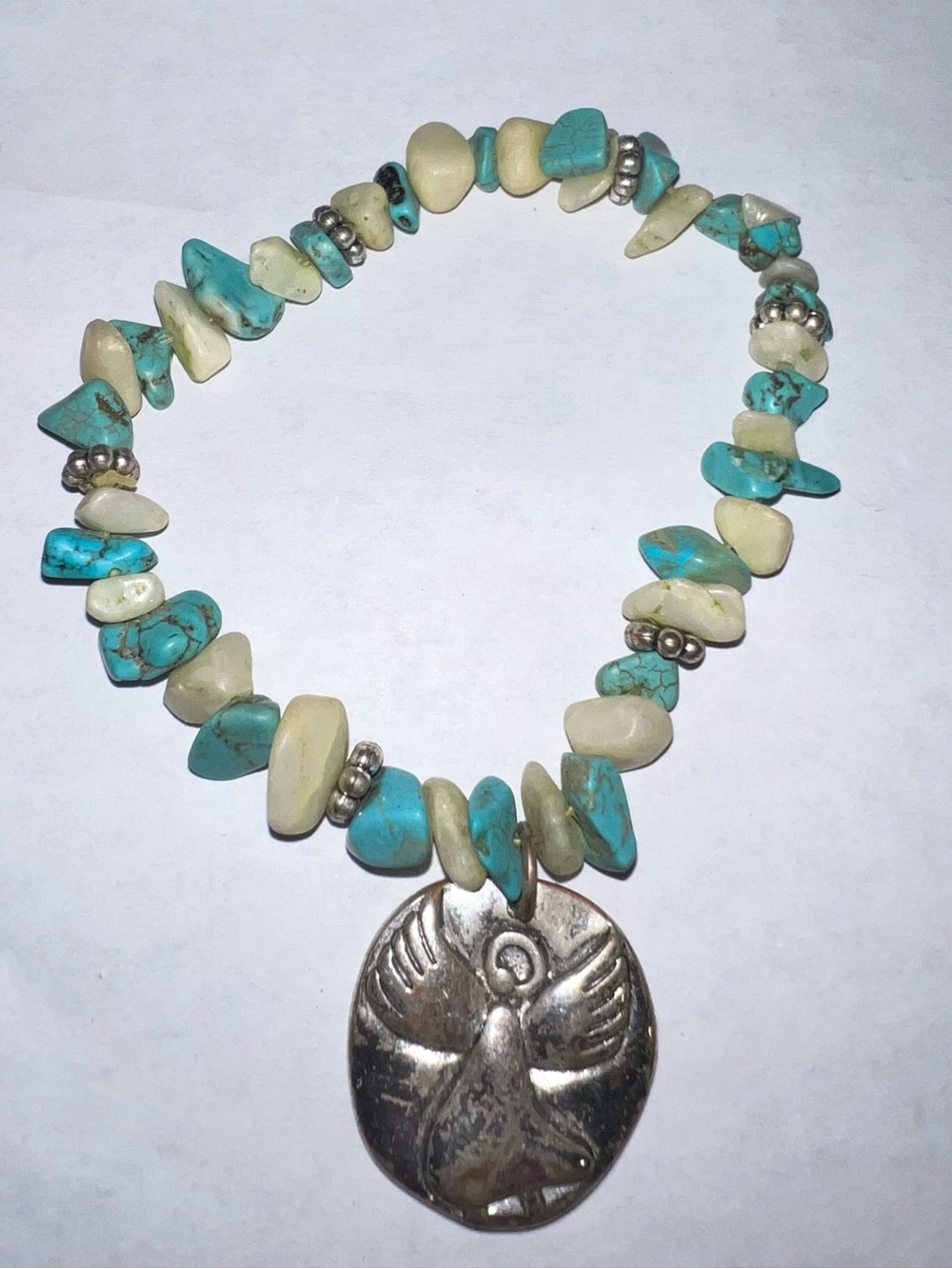 Turquoise Off White Stone Beaded Stretch Bracelet Silver Angel Pendant Southwest